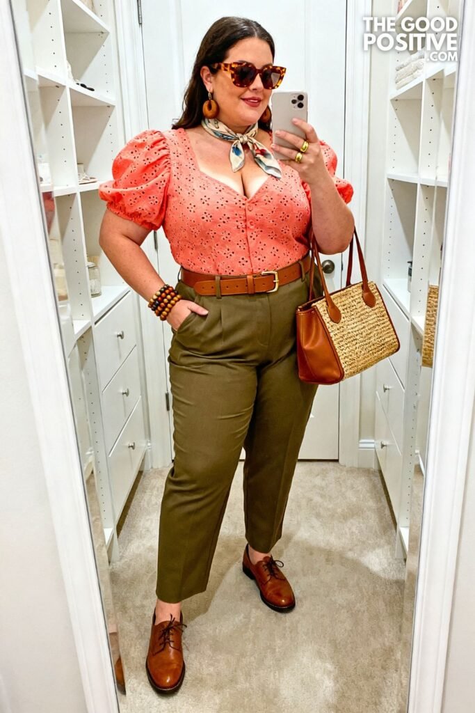 Coral Eyelet Blouse With Tailored Olive Trousers