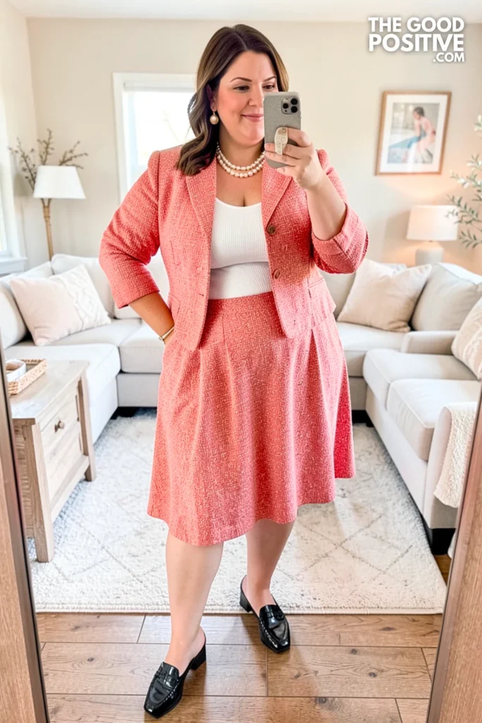 Coral Pink Tweed Skirt Set With Pearl Buttons
