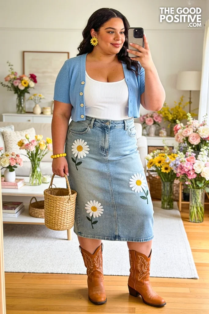 Daisy Embroidered White Denim Skirt With Baby Blue Cardigan