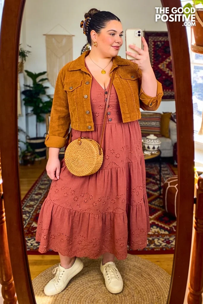 Dusty Rose Eyelet Midi Dress with Cropped Corduroy Jacket
