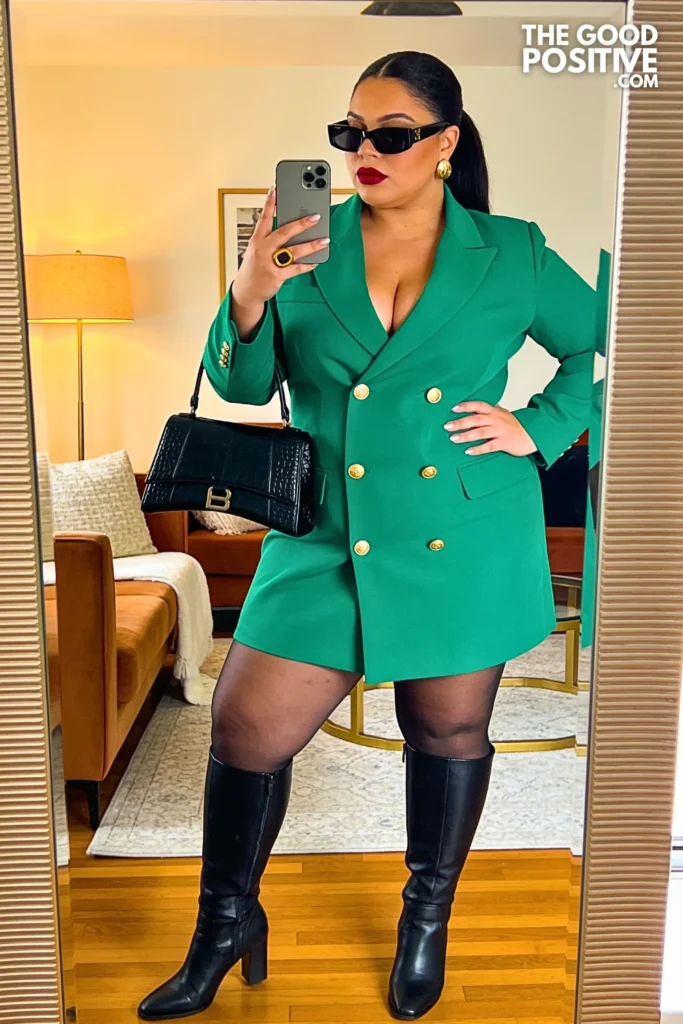 Emerald Green Blazer Dress With Black Knee High Boots