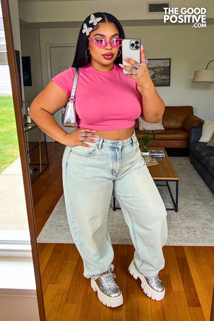 Hot Pink Baby Tee With Low Rise Baggy Jeans