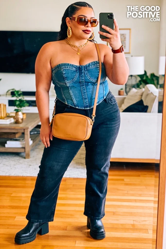 Indigo Denim Bustier With Dark Wash Bootcut Jeans