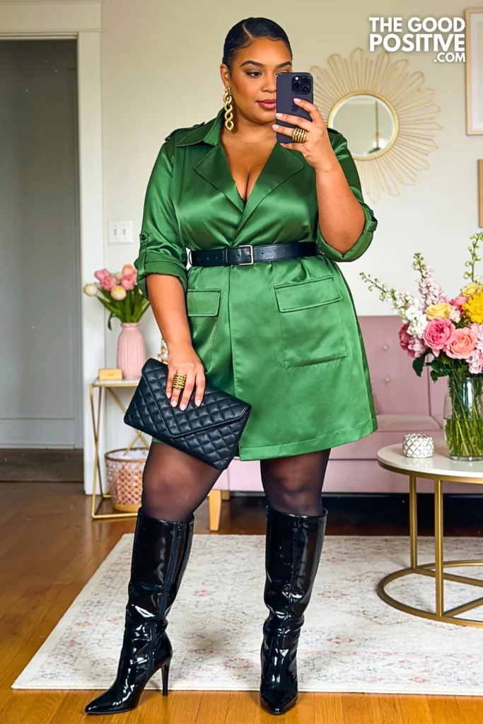 Kelly Green Satin Trench Dress With Skinny Black Belt
