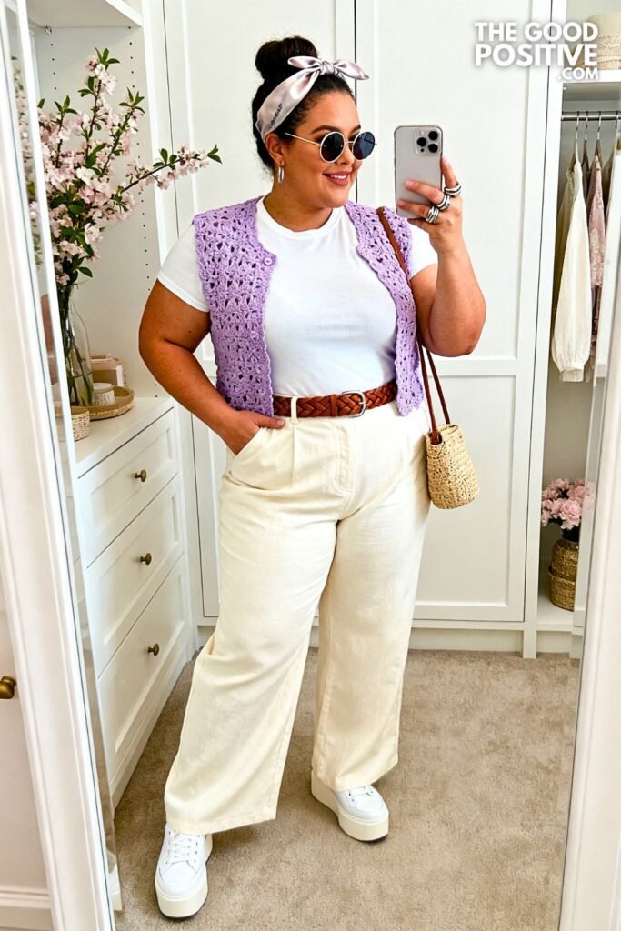 Lavender Crochet Vest With Cream Wide-Leg Trousers