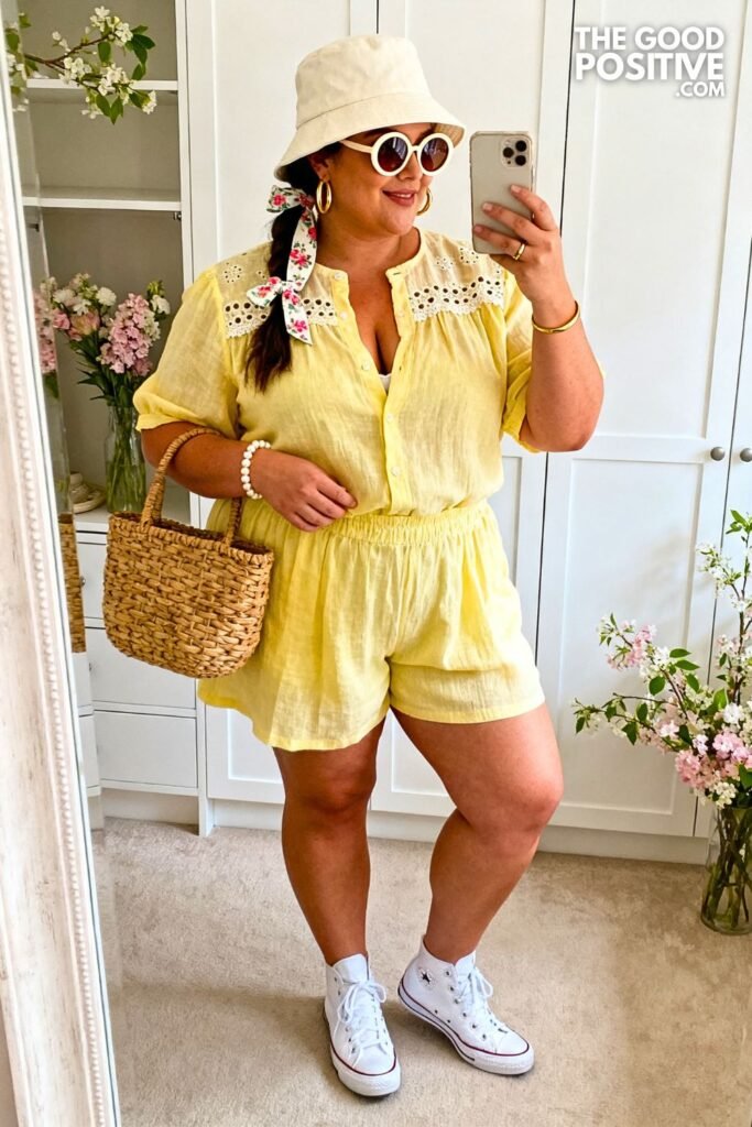 Lemon Eyelet Linen Shirt With Matching Wide Shorts