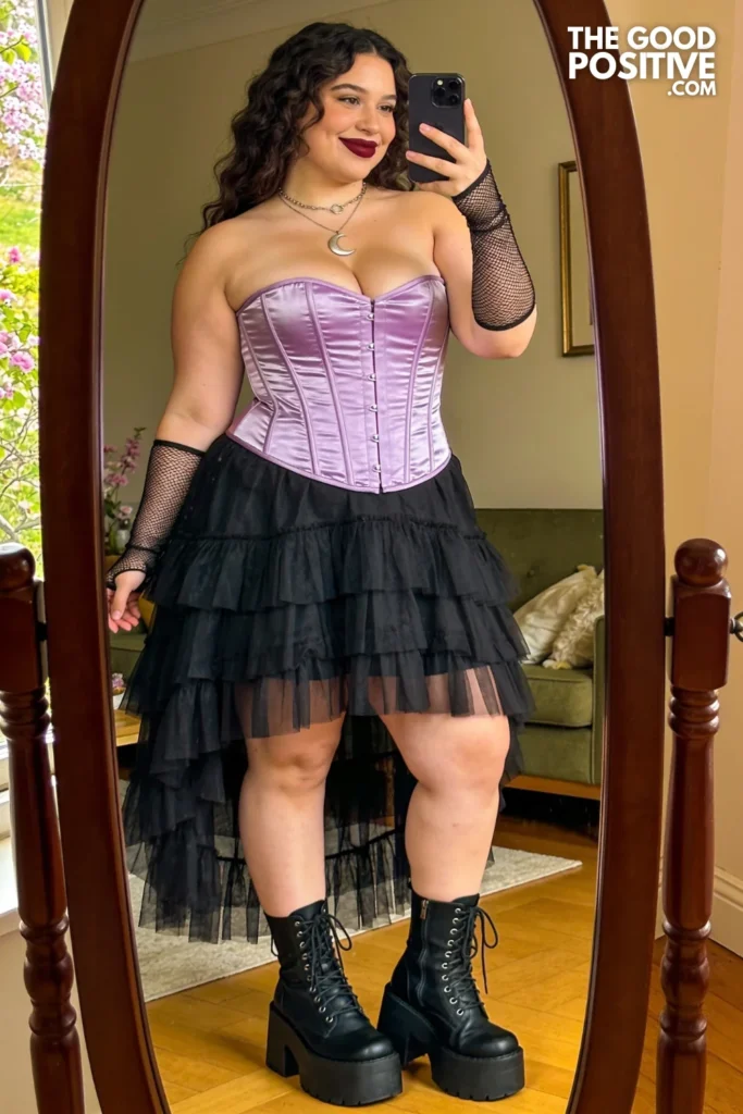 Lilac Corset Top, Black Tiered Tulle Skirt, And Platform Boots