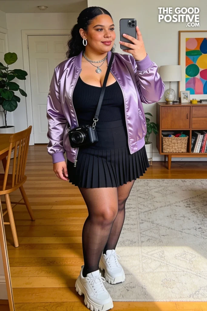 Lilac Satin Bomber Jacket With Black Pleated Mini Skirt