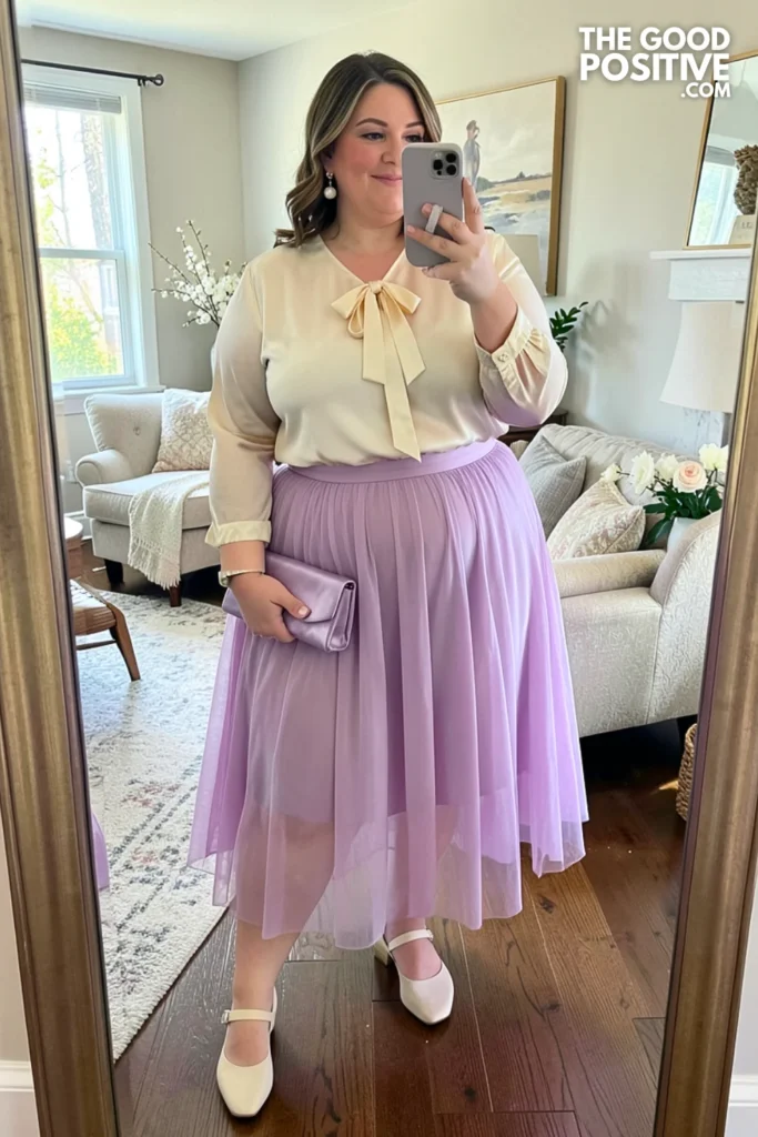 Lilac Tulle Midi Skirt With Cream Pussy-Bow Blouse