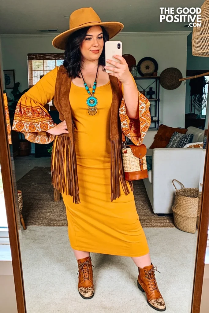 Marigold Paisley Maxi Dress with Suede Fringe Vest