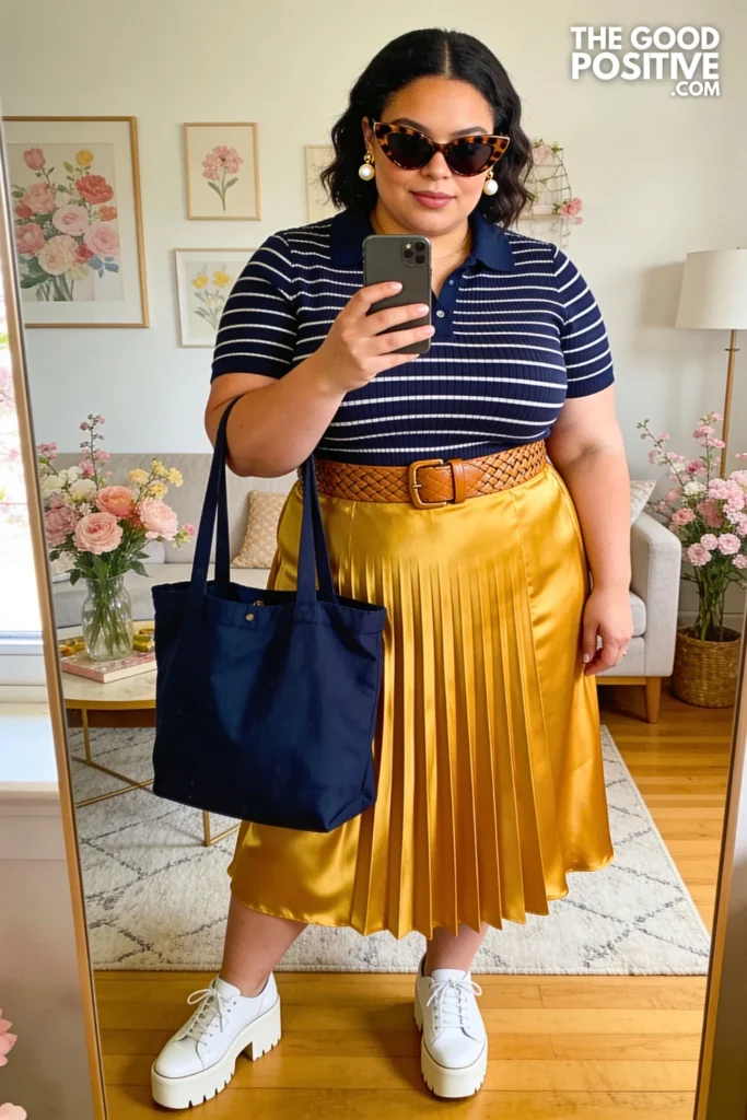 Marigold Pleated Midi Skirt With Navy Striped Polo
