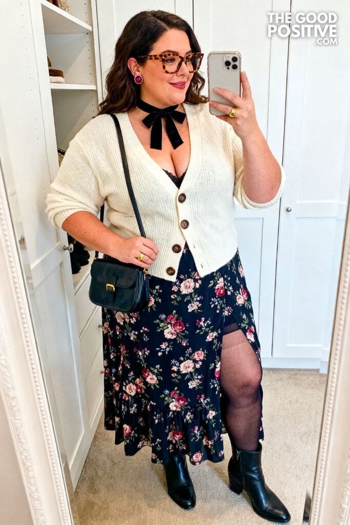 Midnight Floral Maxi Skirt With Ivory Button Cardigan