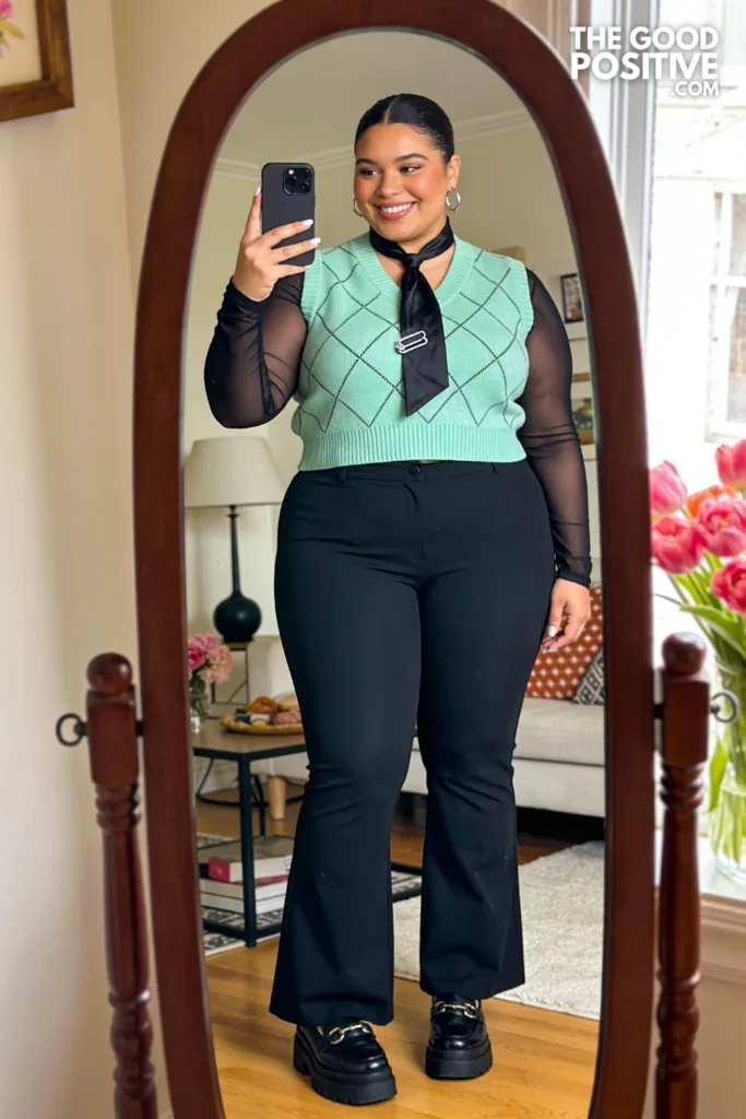 Mint Argyle Sweater Vest, Black Mesh Layer, And Wide-Leg Trousers