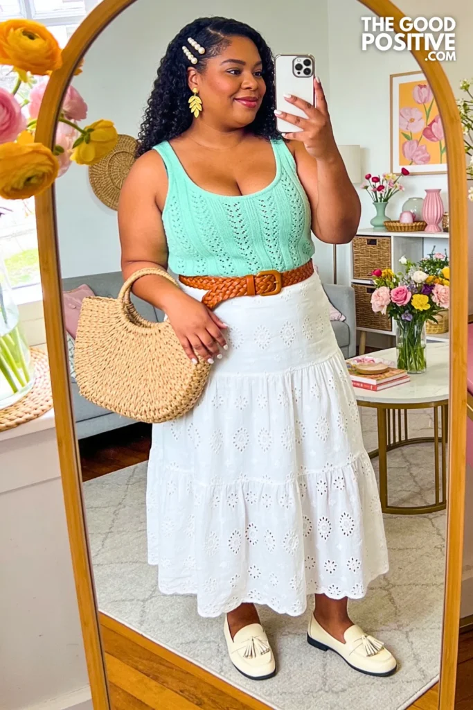 Mint Green Pointelle Tank With Ivory Eyelet Maxi Skirt