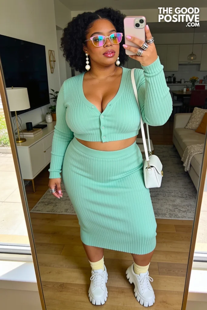 Mint Green Ribbed Knit Set With White Chunky Sneakers