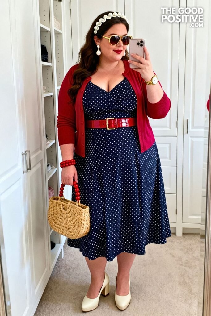 Navy Polka Dot Tea Dress With Cherry Red Cardigan