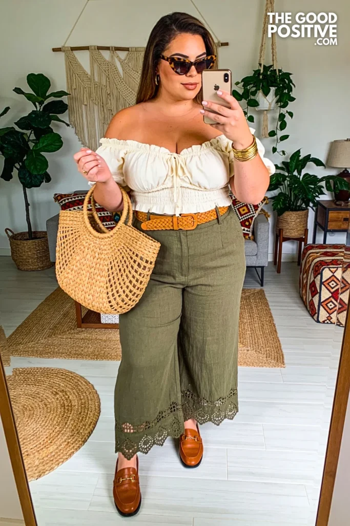 Olive Crochet-Trim Linen Pants with Ivory Smocked Off-Shoulder Blouse