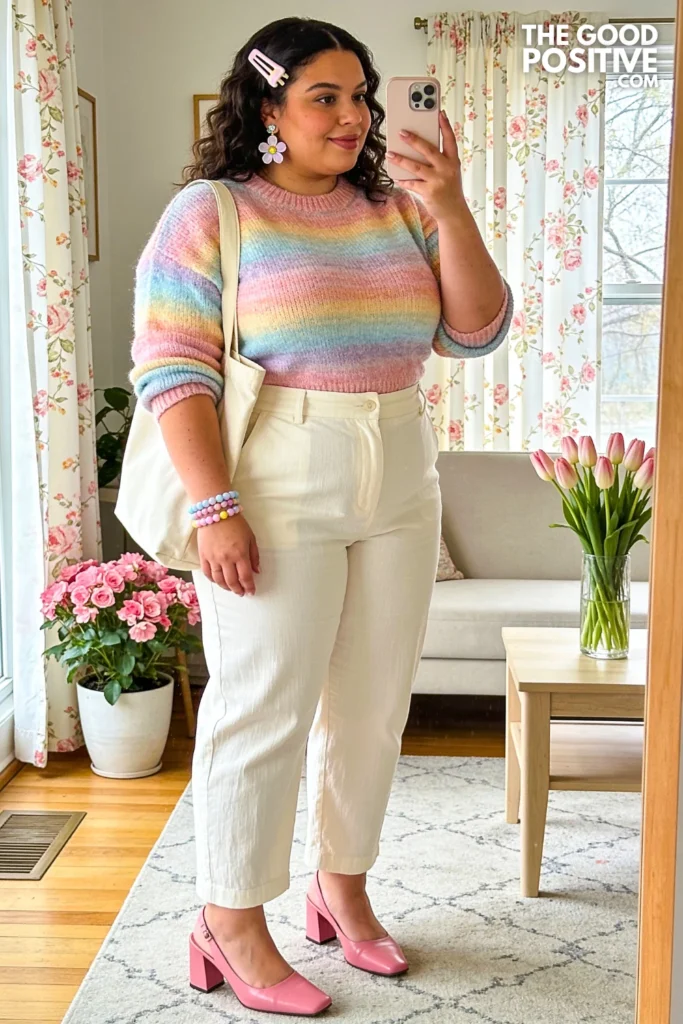 Pastel Rainbow Striped Sweater With Cream Linen Pants