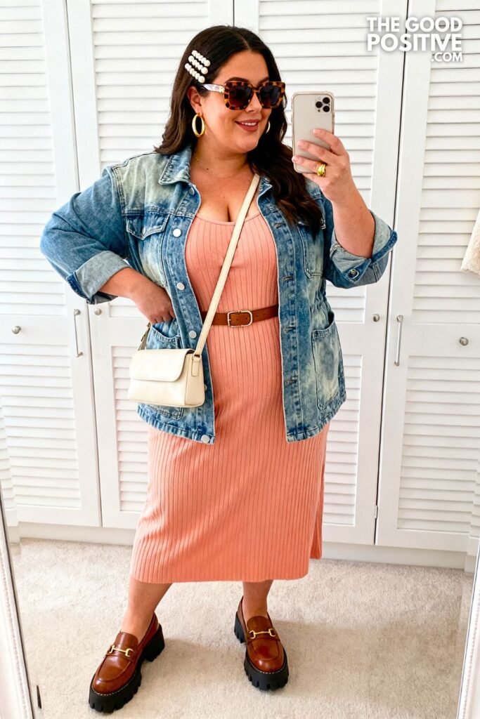 Peach Ribbed Knit Midi Dress With Faded Indigo Chore Jacket