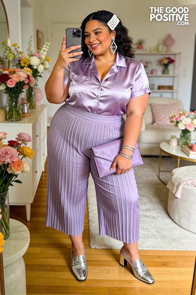 Periwinkle Satin Camp Shirt With Pleated Culottes