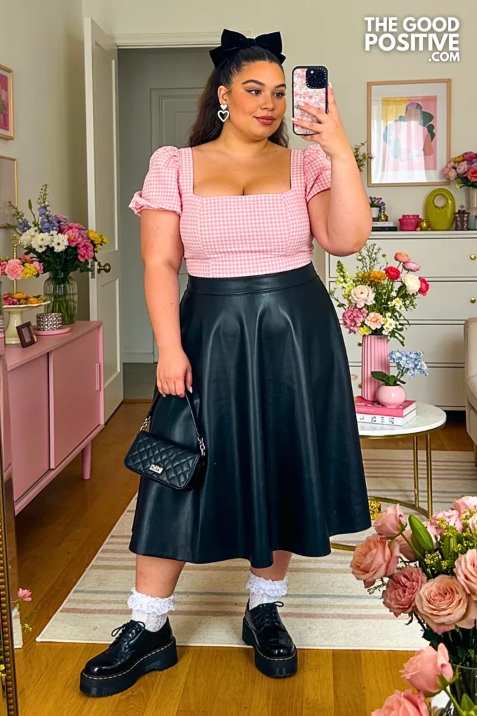 Pink Gingham Puff-Sleeve Top With Black Faux Leather Skirt
