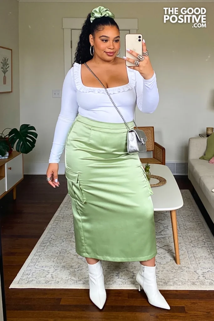 Pistachio Satin Cargo Skirt With White Ruffle Bodysuit