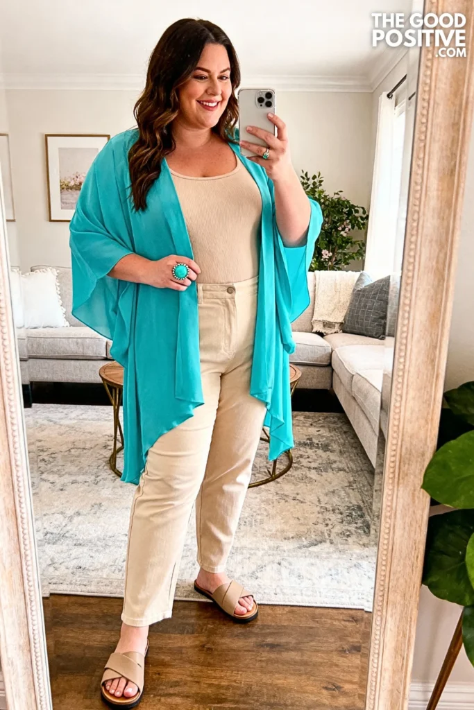 Plus Size Aqua Kimono-Style Jacket With Neutral Basics Outfit