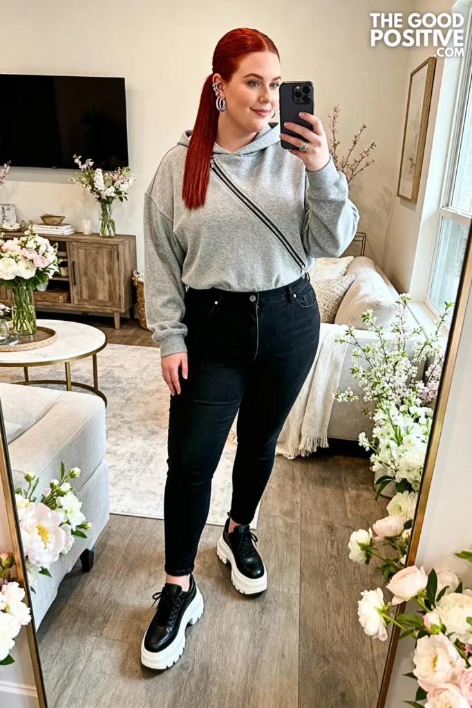 Plus Size Asymmetric Zip Hoodie with Skinny Jeans Outfit