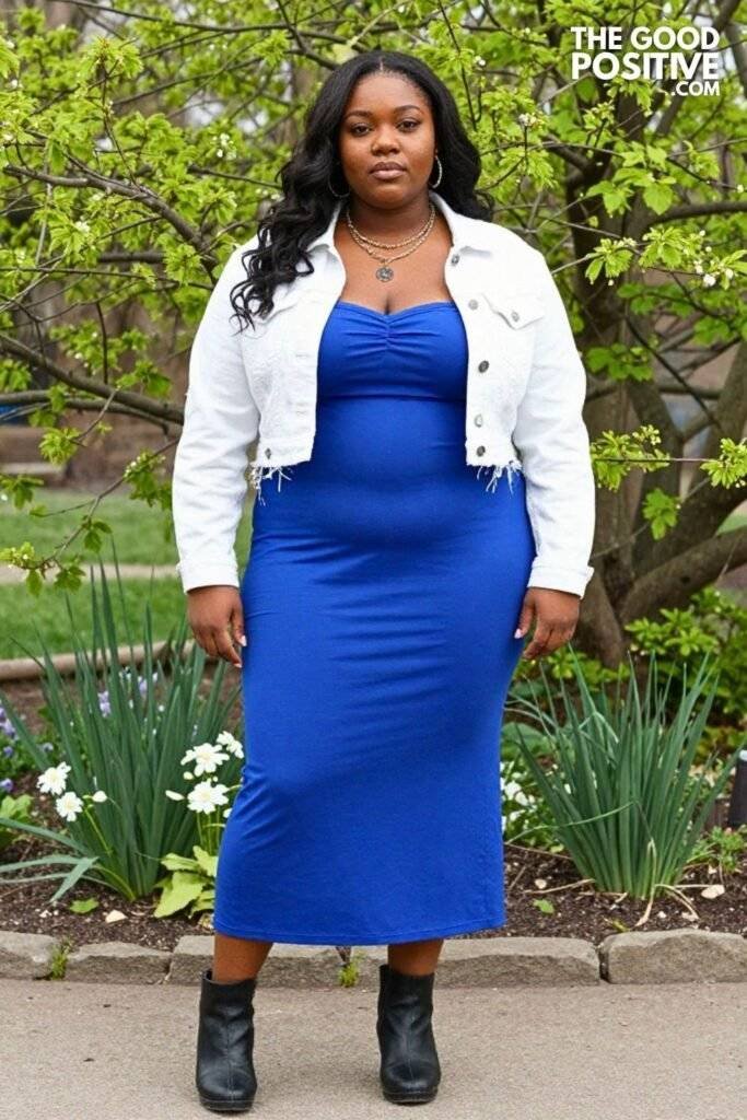 Plus Size Bandeau-Top Maxi Dress With Structured Denim Jacket Outfit