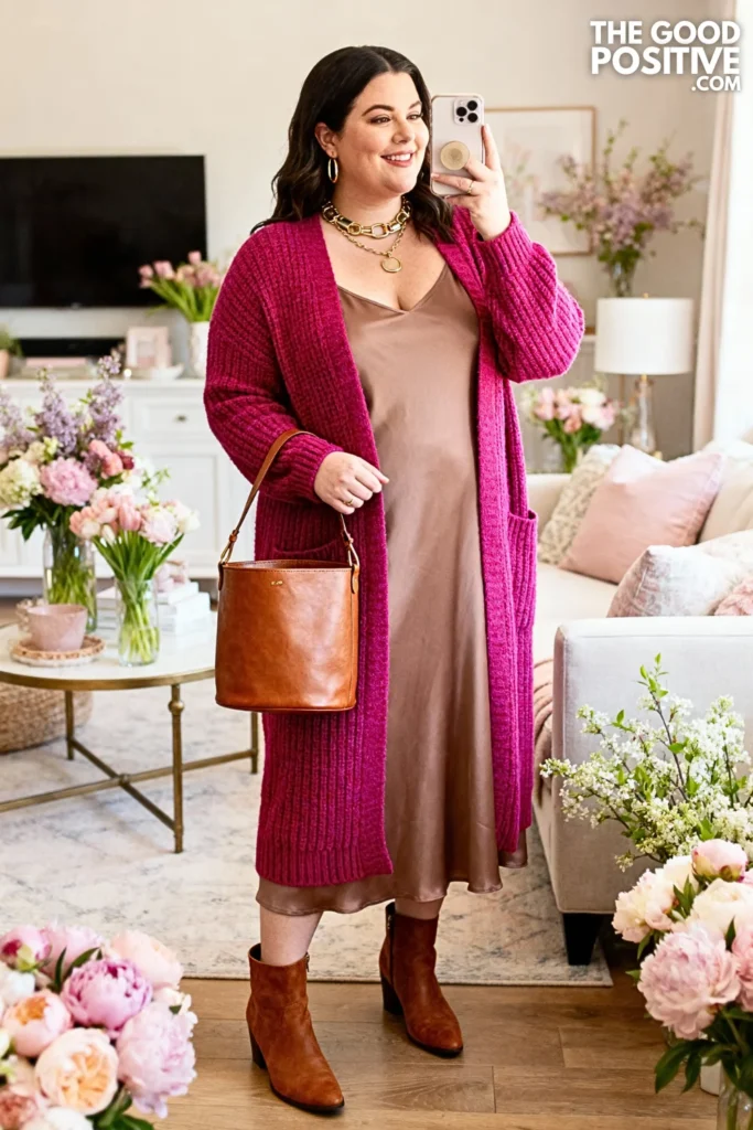 Plus Size Berry Pink Cardigan With Neutral Dress Outfit