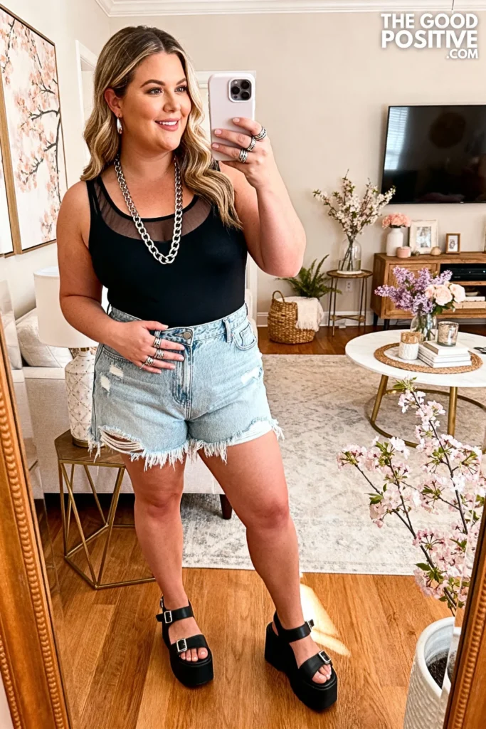 Plus Size Black Mesh Overlay Tank with Distressed Denim Shorts Outfit