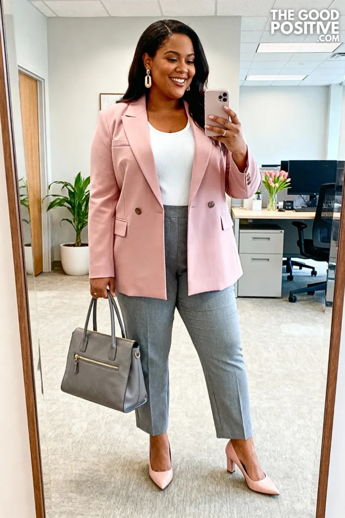 Plus Size Blush Pink Blazer with Gray Ankle Pants Outfit