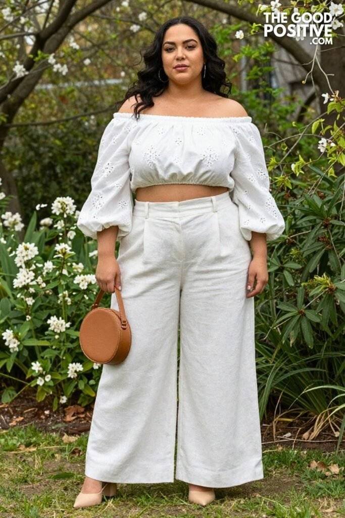 Plus Size Broderie Anglaise Off-Shoulder Top With Wide-Leg Linen Trousers Outfit