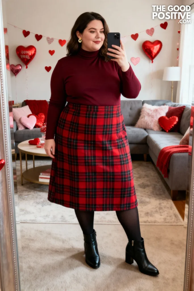 Plus Size Burgundy Turtleneck with Plaid Midi Skirt Outfit