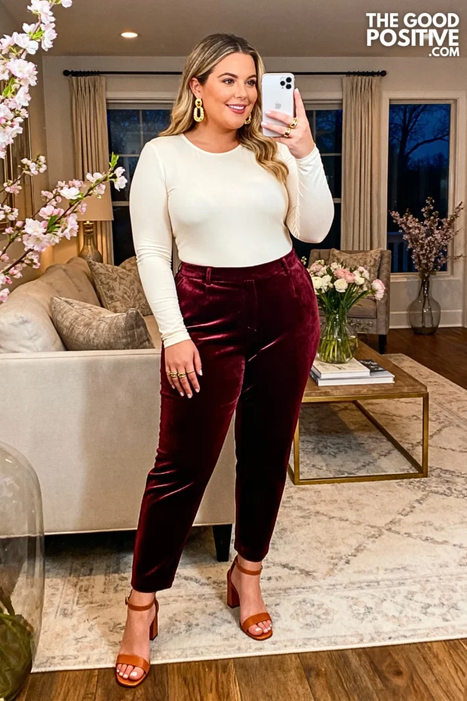 Plus Size Burgundy Velvet Straight Leg Pants Outfit