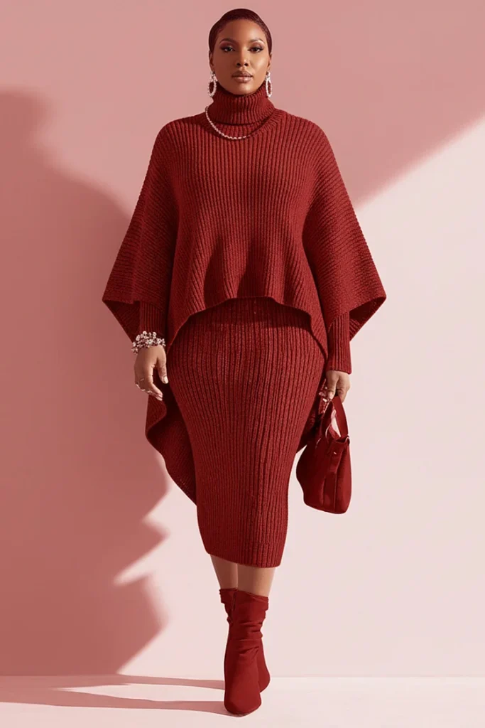Plus Size Business Casual Burgundy High Collar Cape Sleeve Long Sleeve Bodycon Elegant Asymmetric Hem Irregular Hem Knitted Two Piece Dress