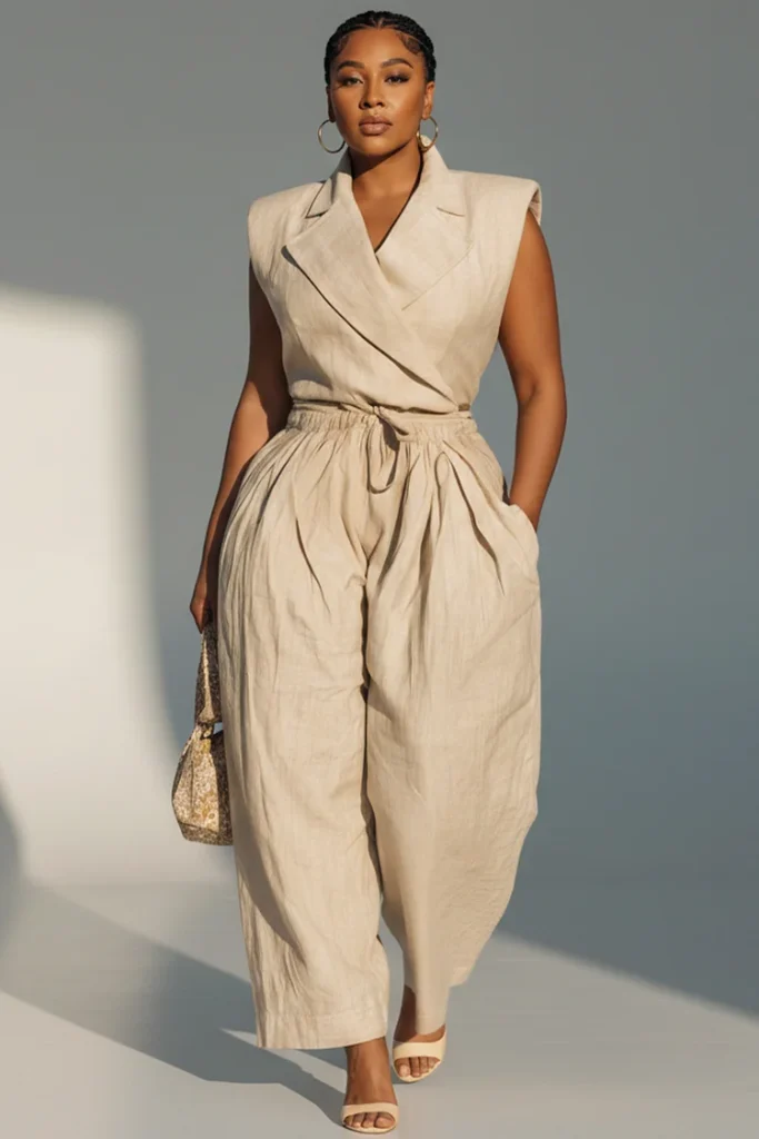 Plus Size Business Casual Khaki Lapel Collar Waistcoat Pocket Pull-On Waist Linen Two Piece Pant Set