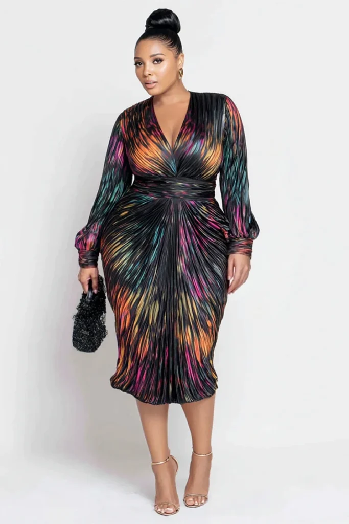 Plus Size Business Casual Multicolor All Over Print V Neck Long Sleeve Bodycon Elegant Satin Midi Dress