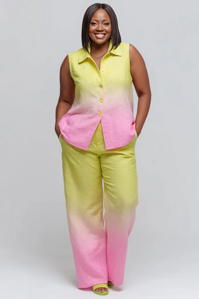 Plus Size Business Casual Multicolor Gradient Shirt Collar Pocket Linen Two Piece Pant Set