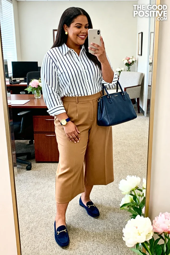 Plus Size Camel Culottes with Striped Button-Down Outfit