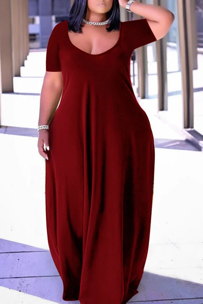 Plus Size Casual Burgundy Short Sleeves Solid Cocoon Summer Sun Maxi Dress