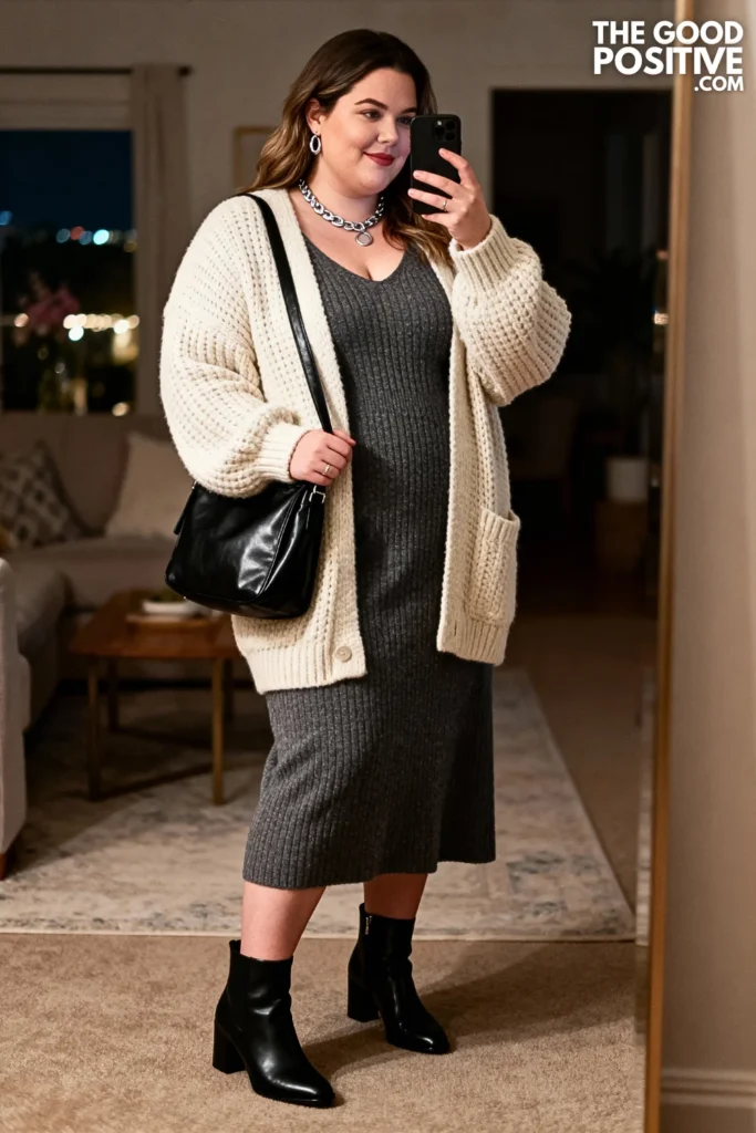 Plus Size Charcoal Knit Midi Dress with Oversized Cardigan Outfit