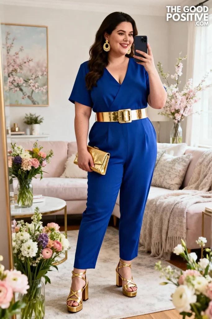 Plus Size Cobalt Blue Jumpsuit With Statement Belt Outfit