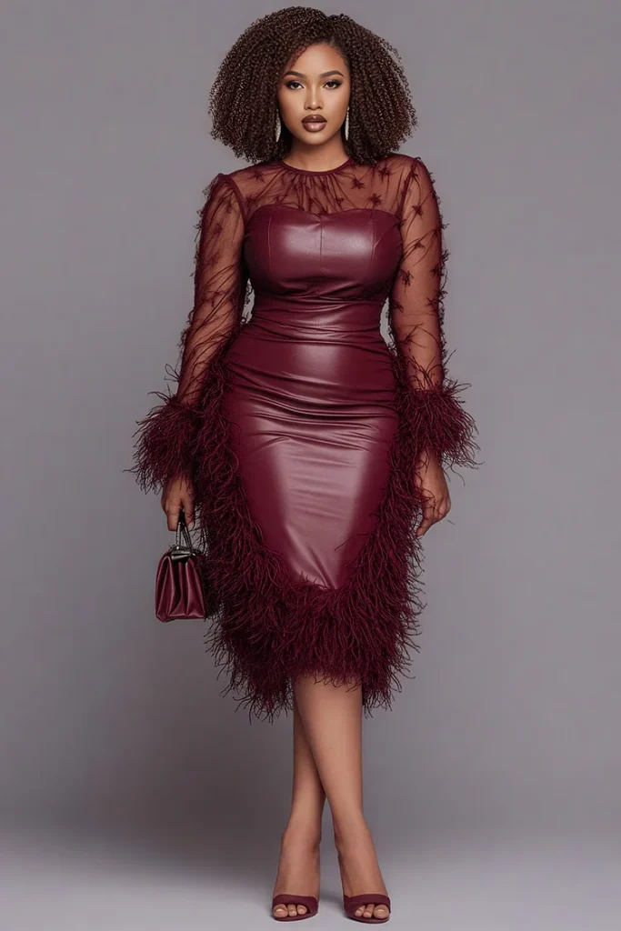 Plus Size Cocktail Party Burgundy Round Neck Long Sleeve Trimmings Elegant See Through Tulle PU Leather Midi Dress