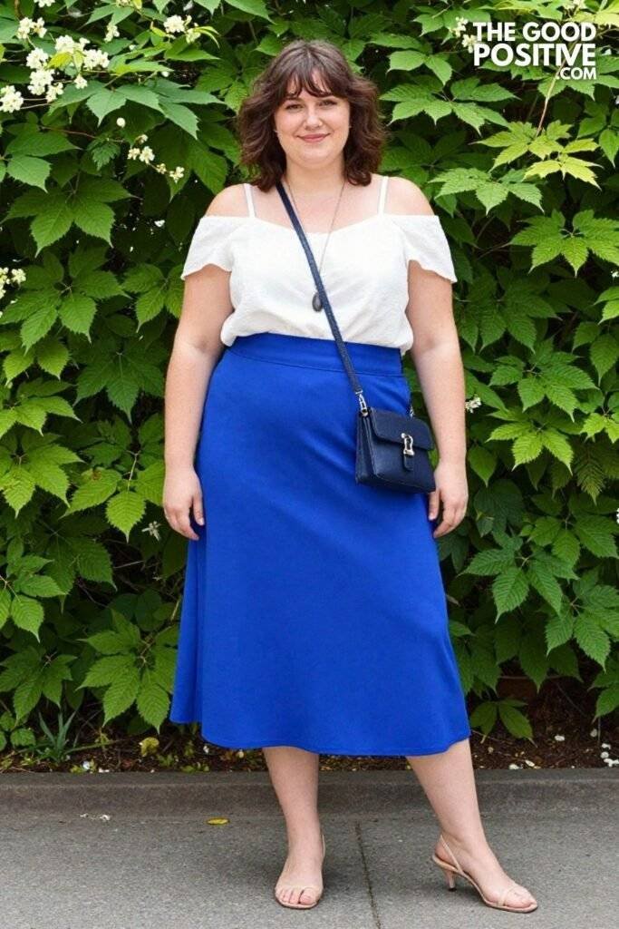 Plus Size Cold-Shoulder Chiffon Top With A-Line Midi Skirt Outfit
