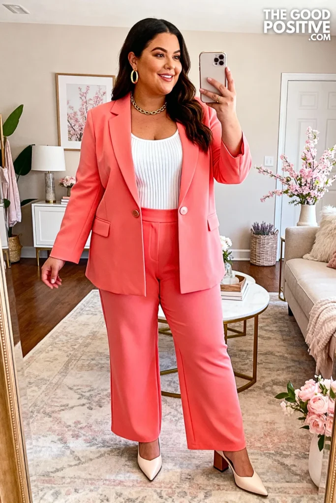 Plus Size Coral Wide-Leg Pantsuit With White Tank Outfit