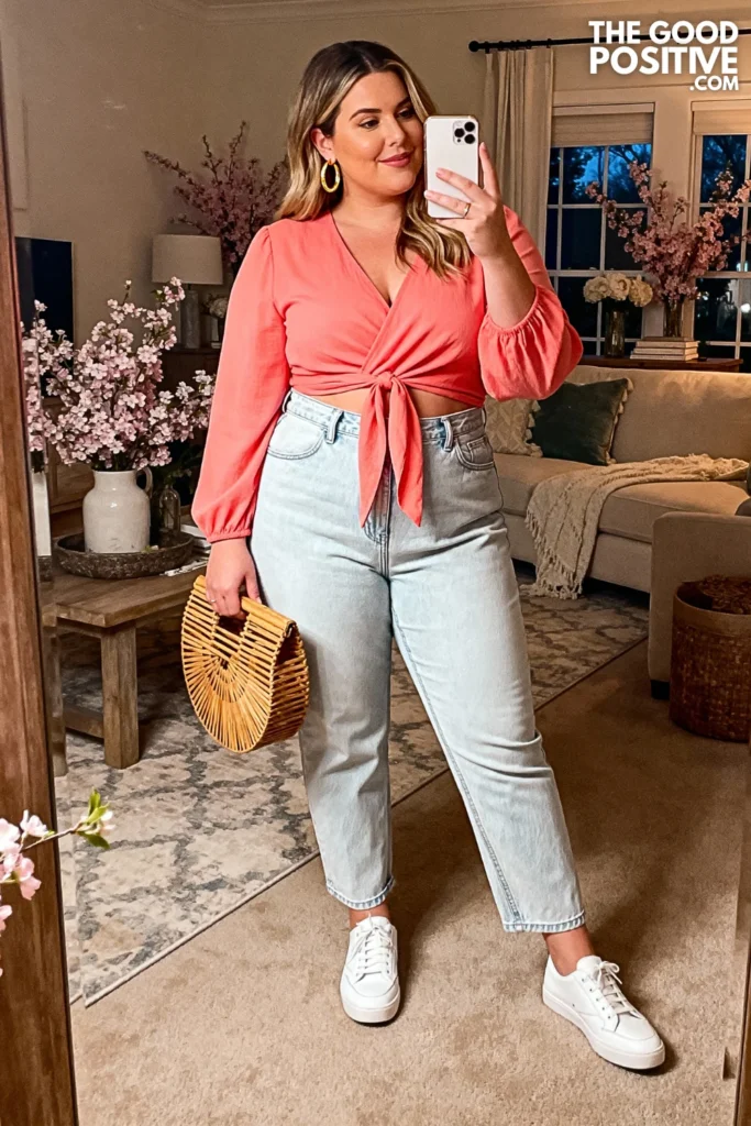 Plus Size Coral Wrap-Style Top and Light Wash Jeans Outfit