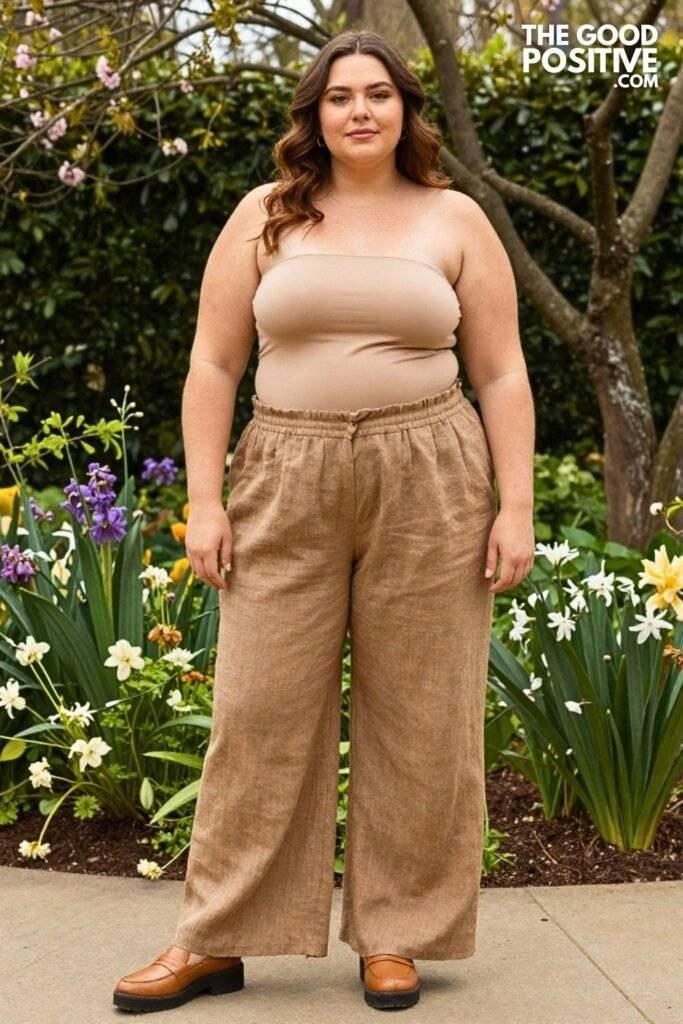 Plus Size Crochet Detail Bralette Over Longline Bandeau With Linen Wide-Leg Pants Outfit
