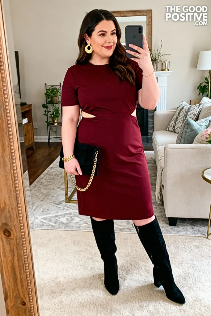 Plus Size Cut-Out Midi Dress With Thigh High Boots Outfit