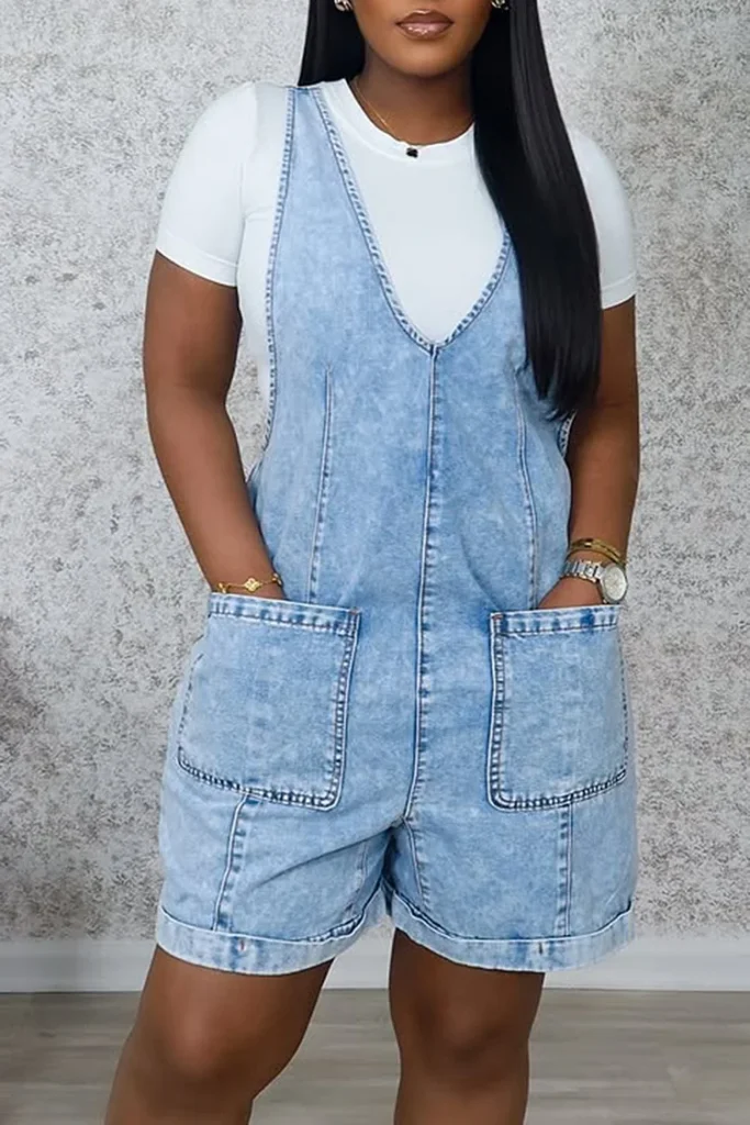 Plus Size Daily Light Blue Casual V Neck Pocket Denim Romper